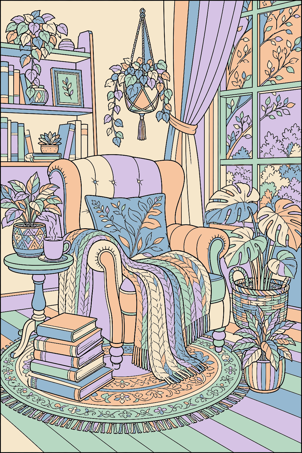 finished cozy reading nook coloring page with a warm pastel palette