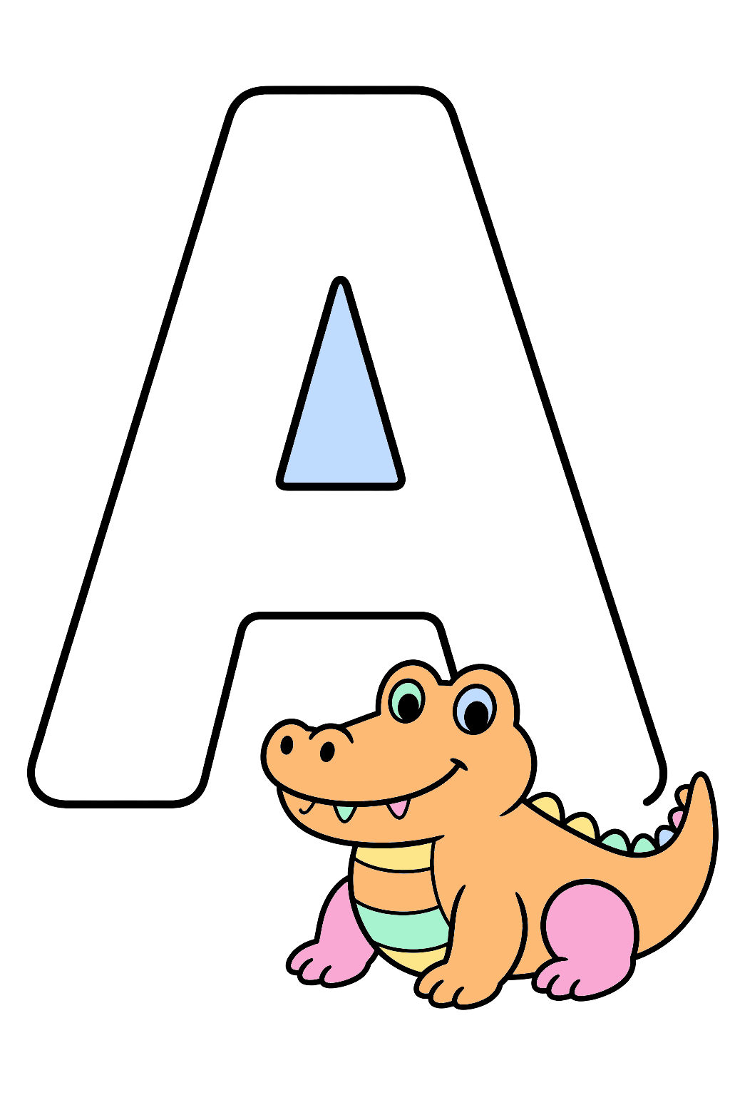 finished letter a alligator coloring page with a simple sample palette