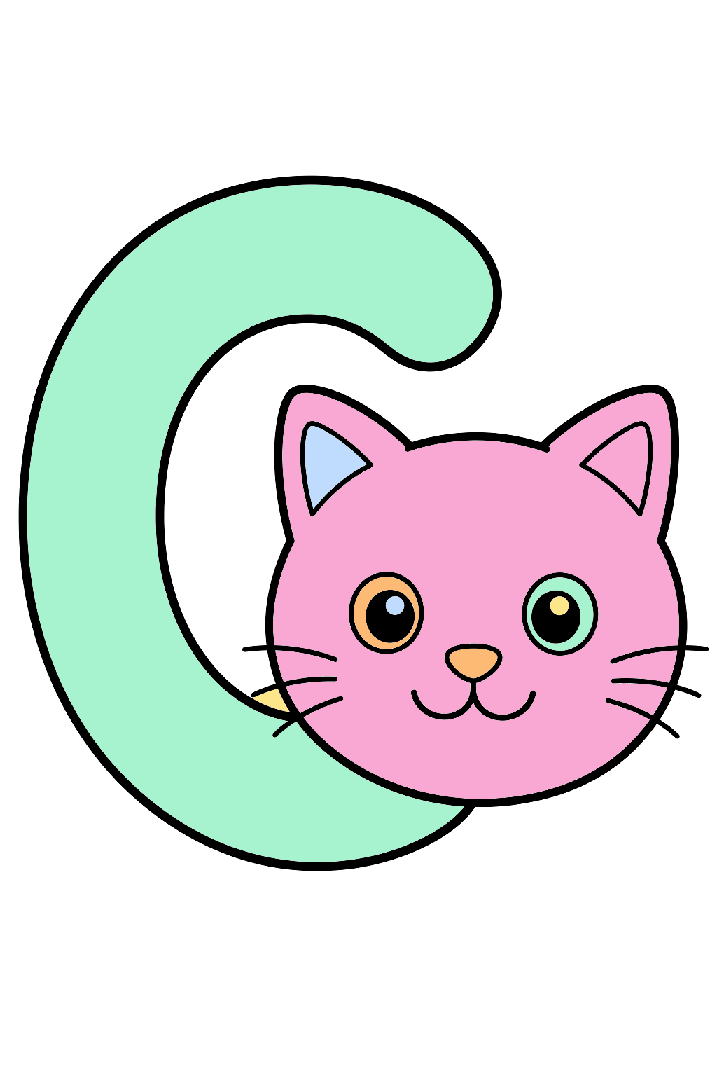 finished letter c cat coloring page with a simple sample palette