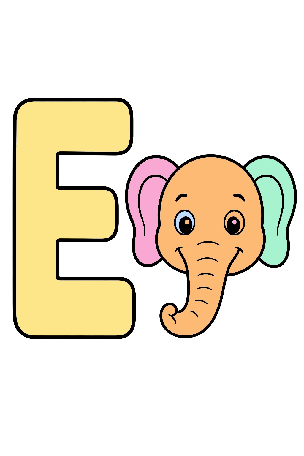 finished letter e elephant coloring page with a simple sample palette