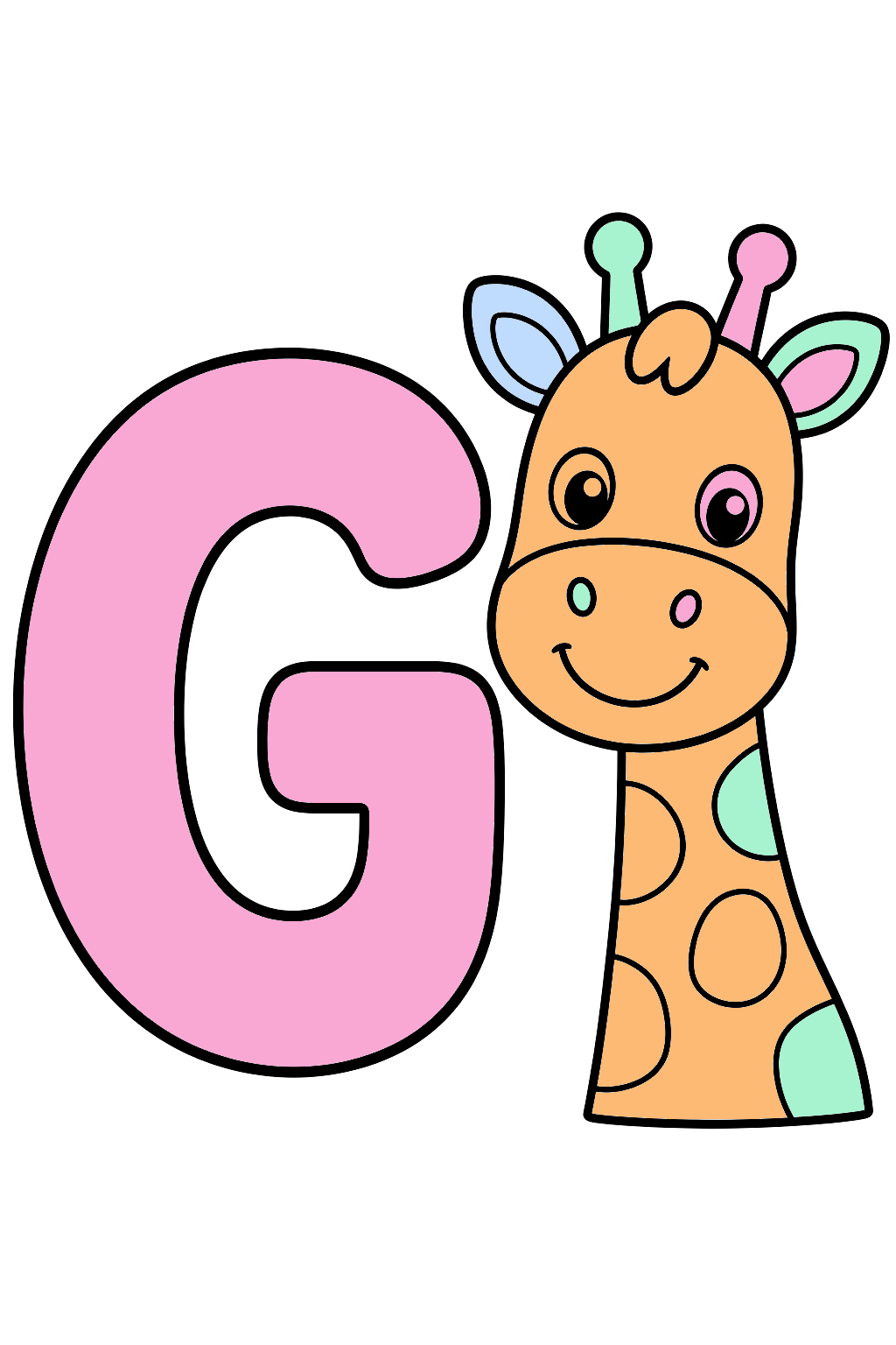 finished letter g giraffe coloring page with a simple sample palette