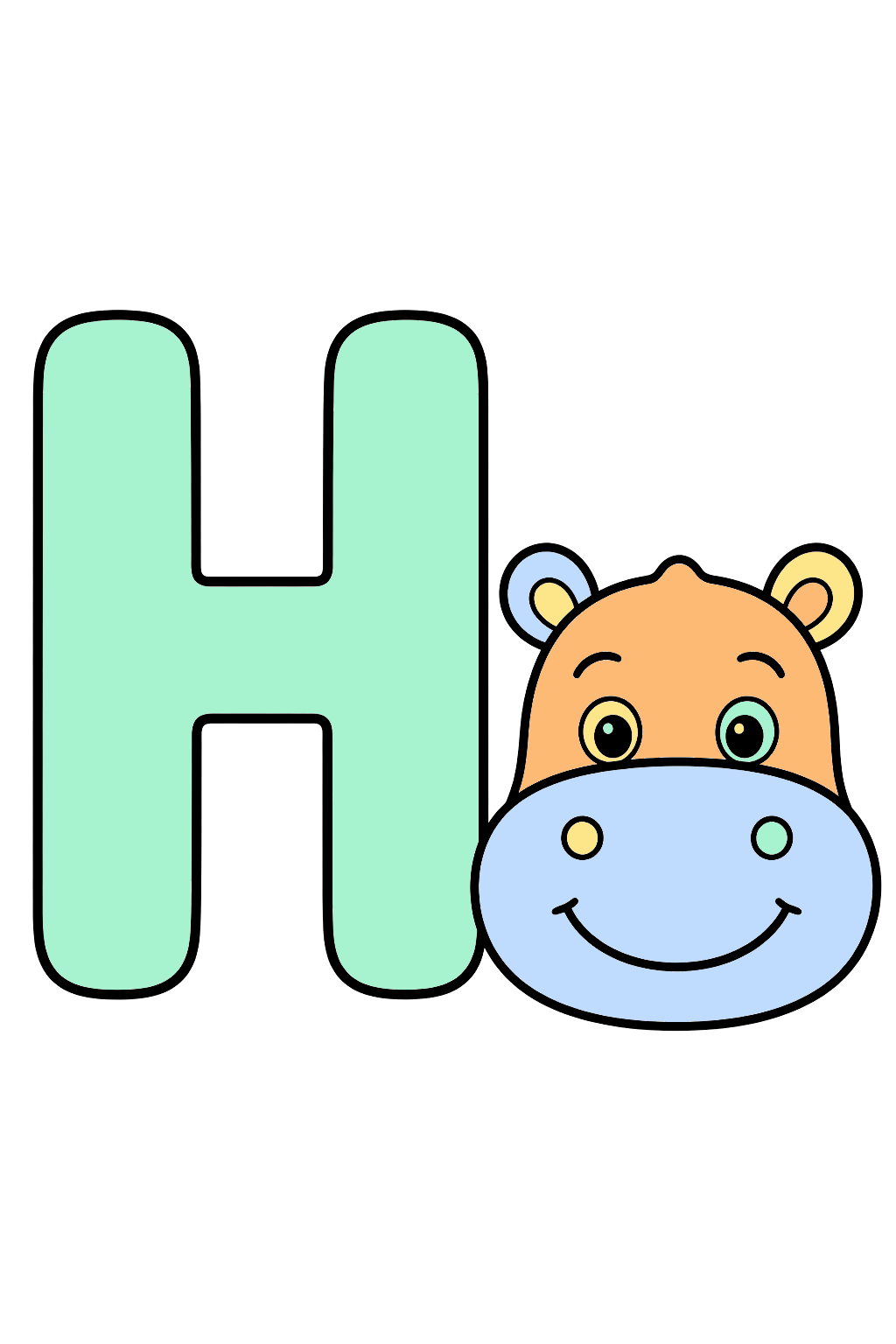 finished letter h hippo coloring page with a simple sample palette