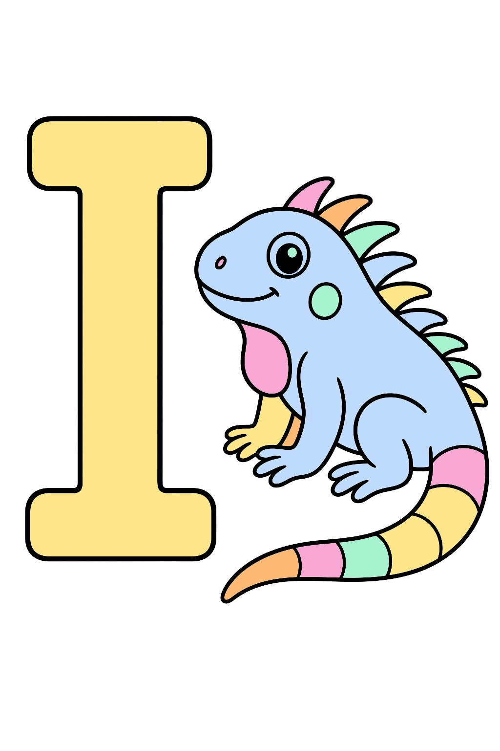 finished letter i iguana coloring page with a simple sample palette
