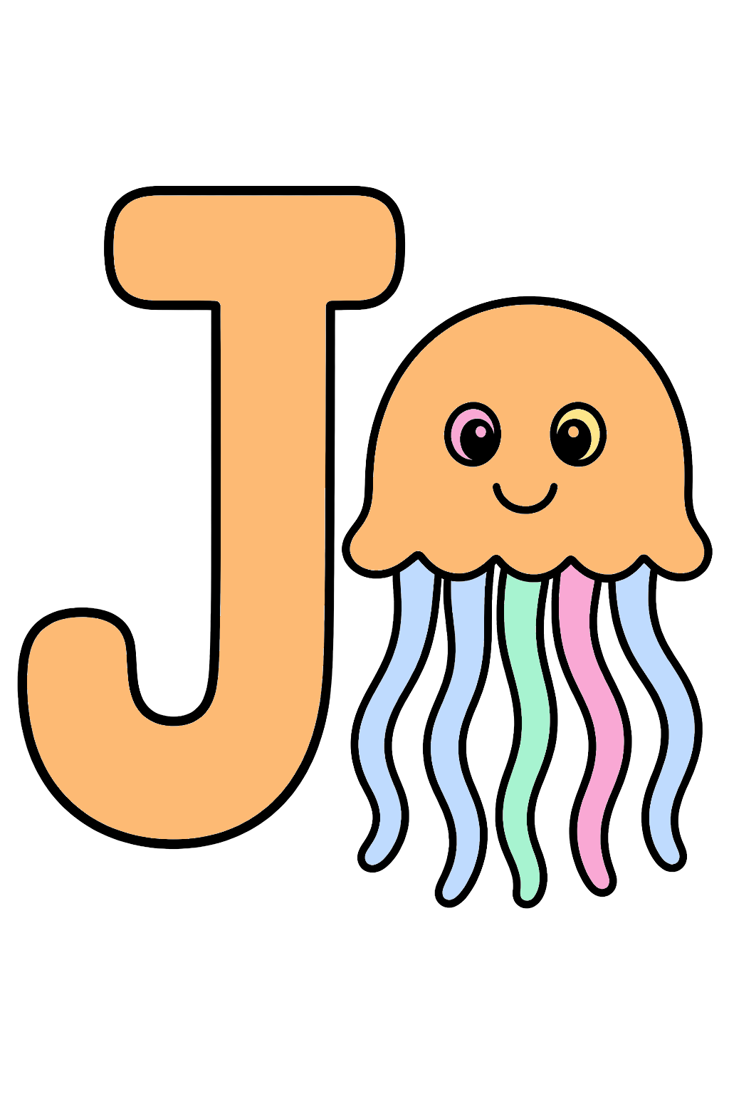 finished letter j jellyfish coloring page with a simple sample palette