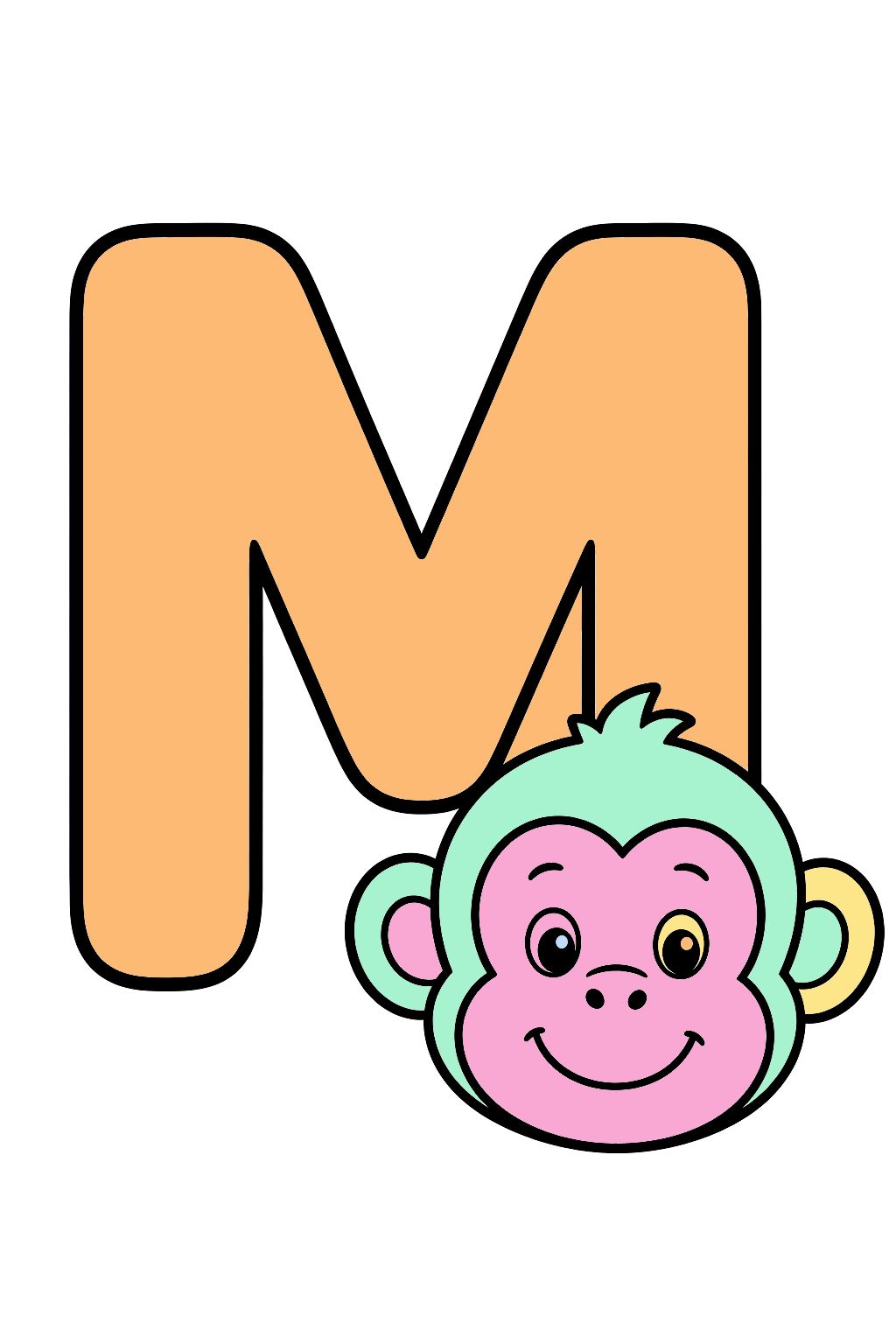 finished letter m monkey coloring page with a simple sample palette