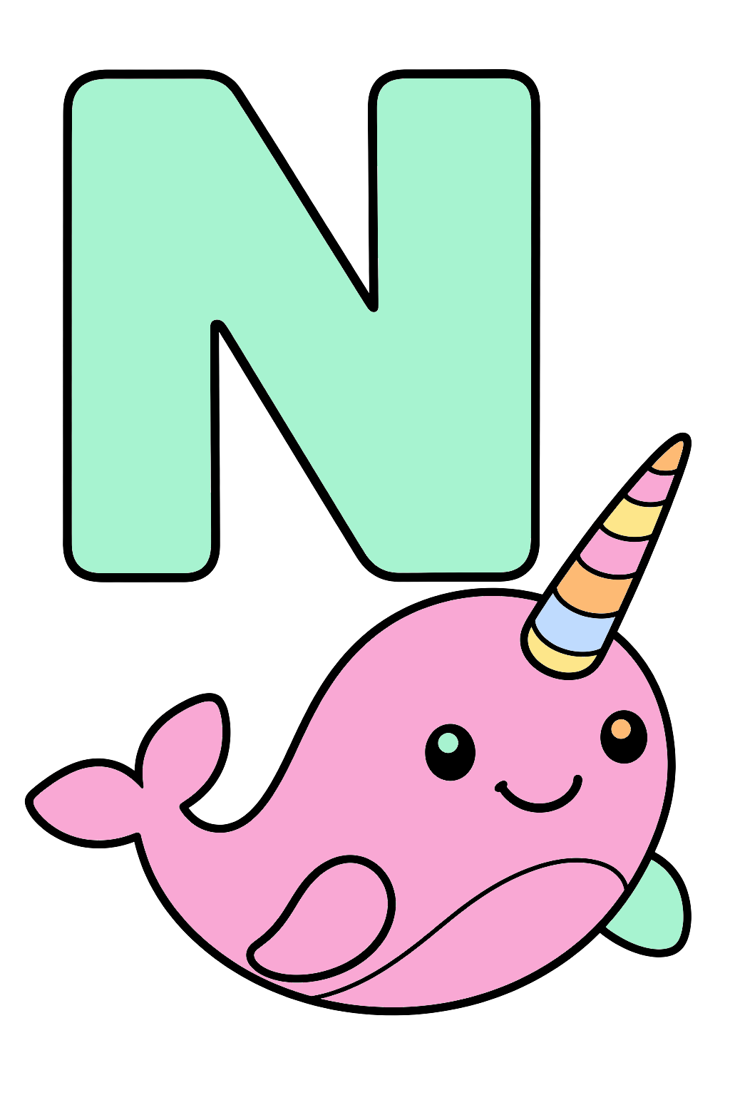 finished letter n narwhal coloring page with a simple sample palette