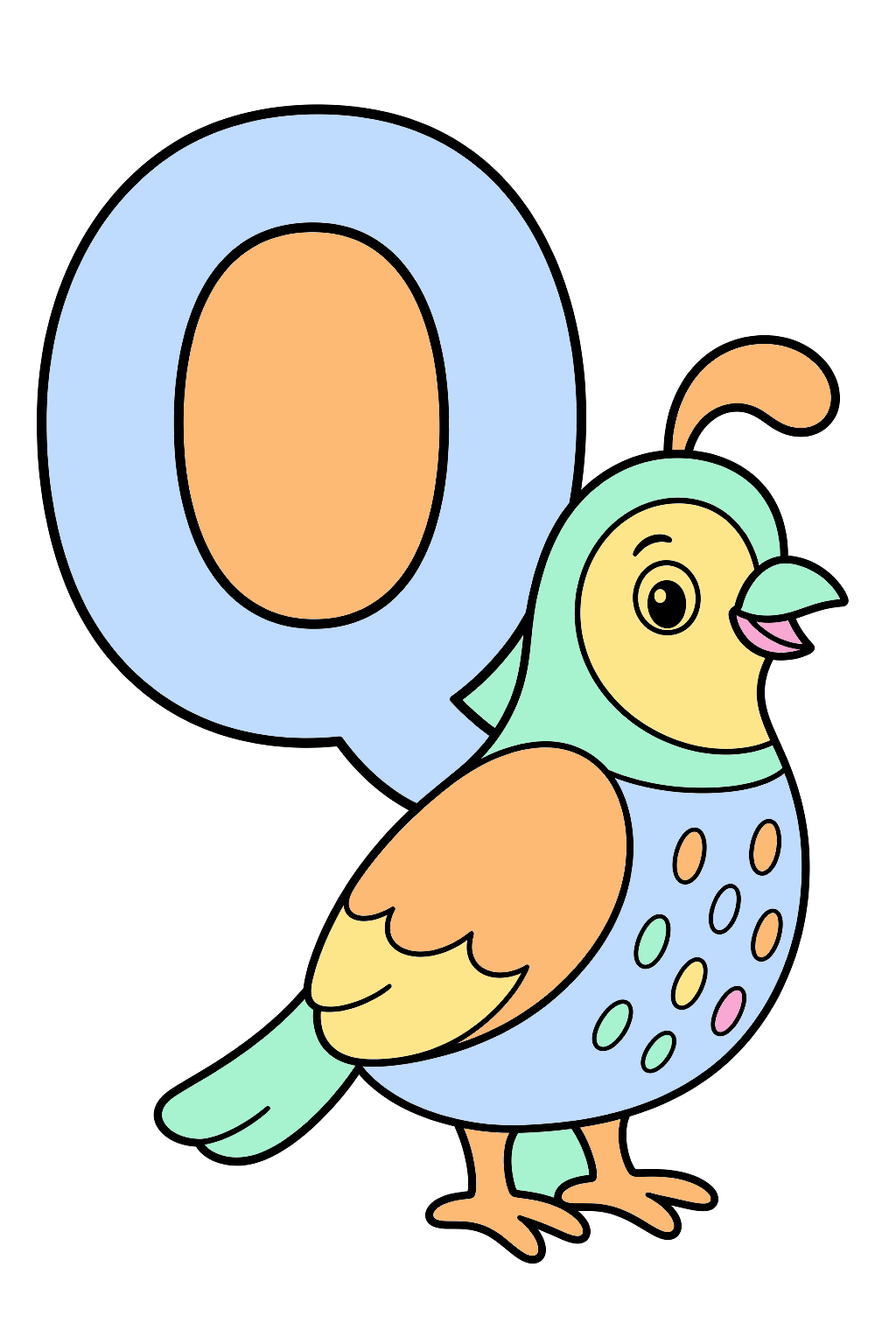 finished letter q quail coloring page with a simple sample palette