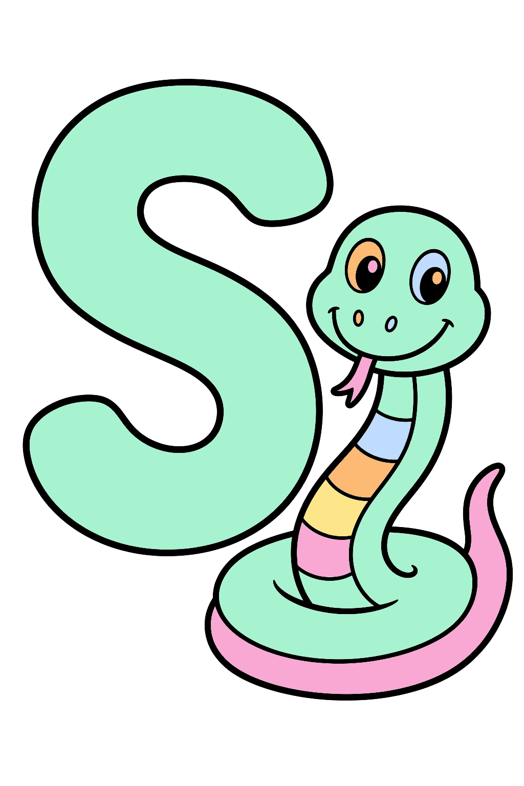 finished letter s snake coloring page with a simple sample palette