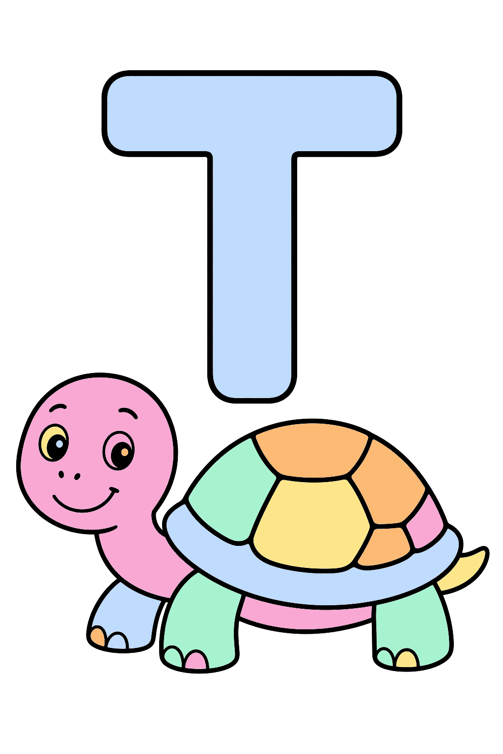 finished letter t turtle coloring page with a simple sample palette