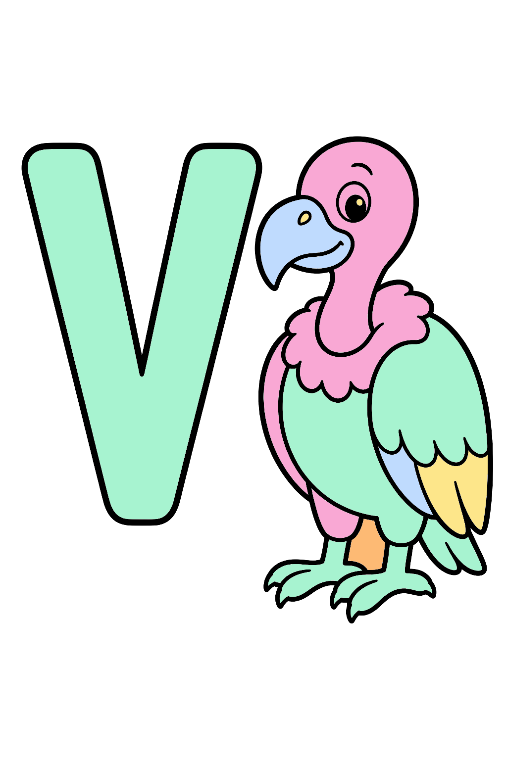 finished letter v vulture coloring page with a simple sample palette