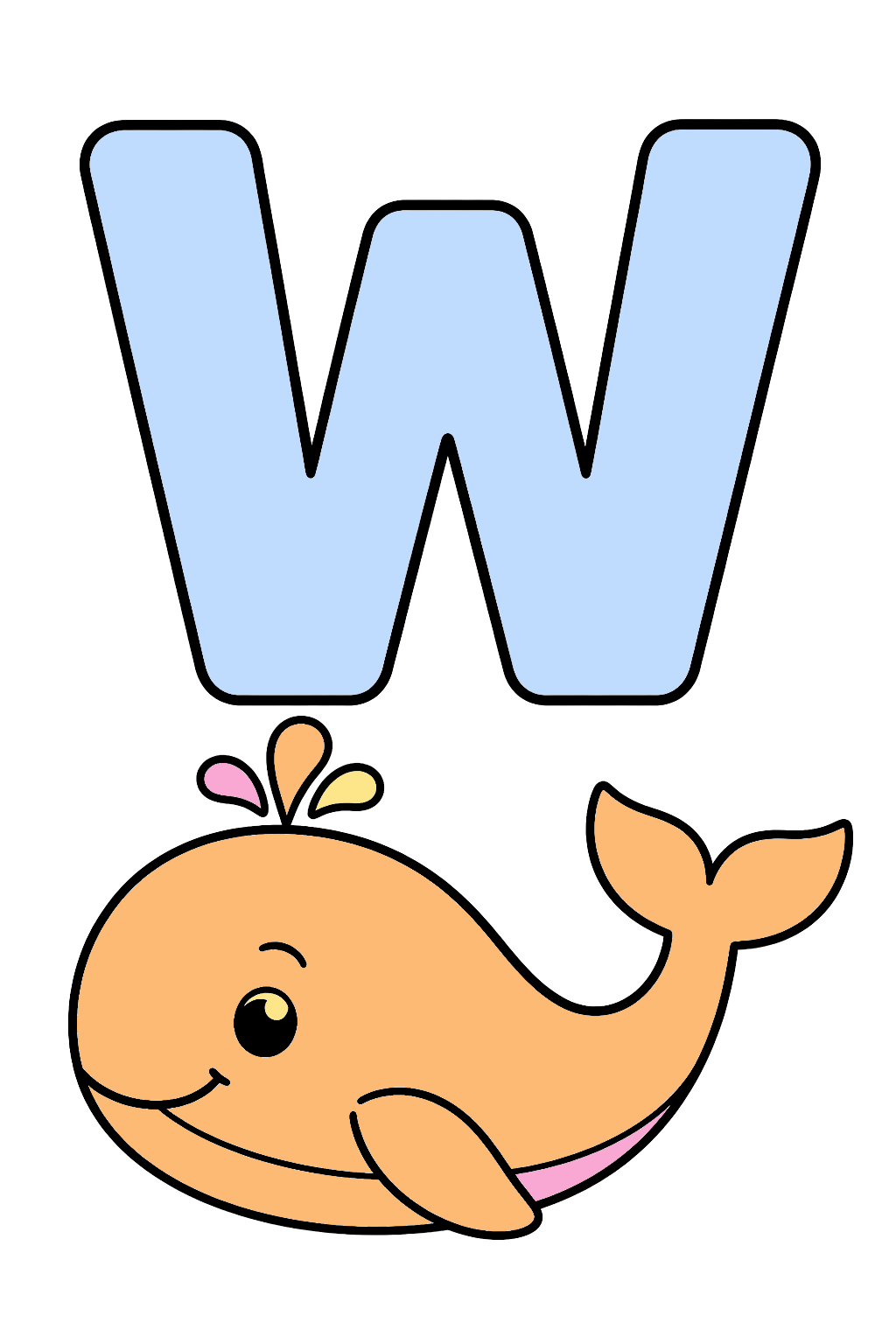finished letter w whale coloring page with a simple sample palette