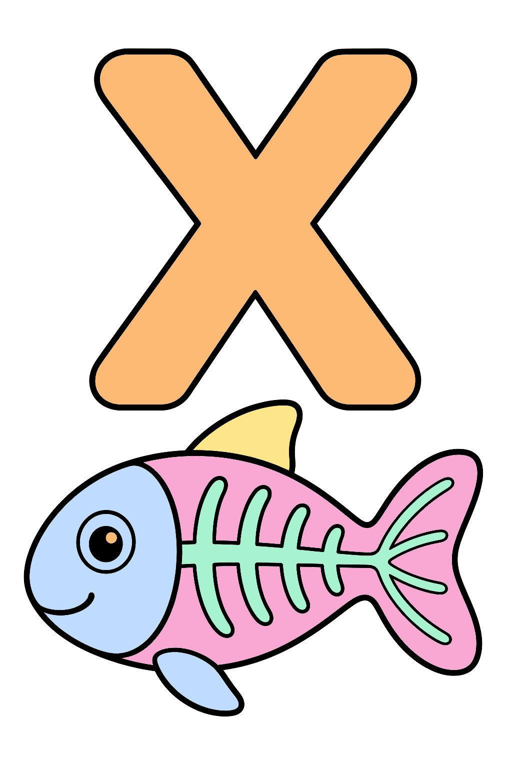 finished letter x x ray fish coloring page with a simple sample palette