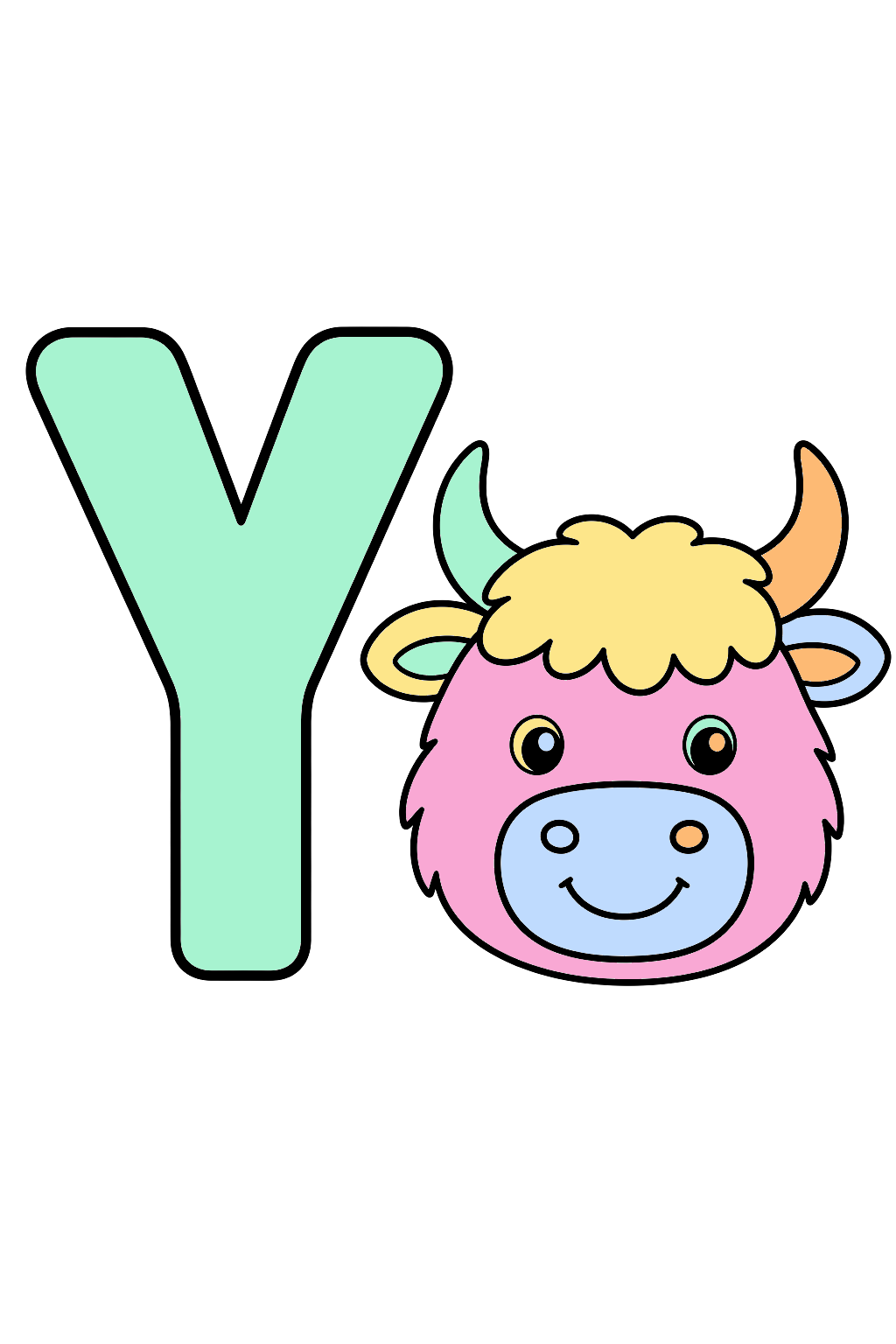 finished letter y yak coloring page with a simple sample palette