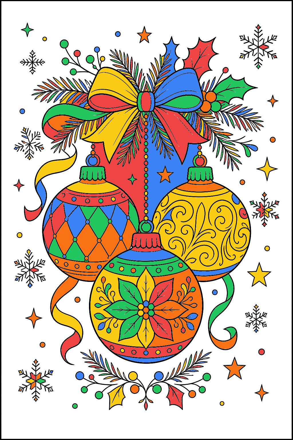 finished Christmas ornaments coloring page with a bright classic palette
