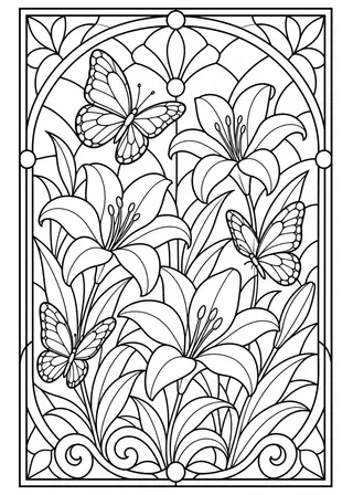 stained glass garden coloring page - black and white printable line art