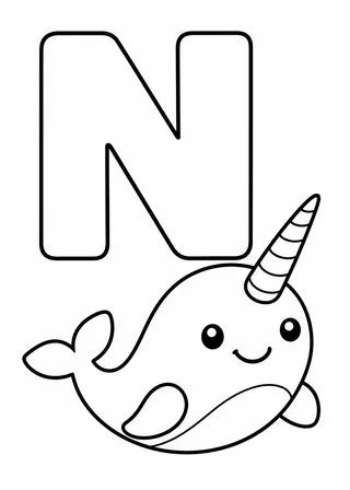 Letter N Narwhal Coloring Page