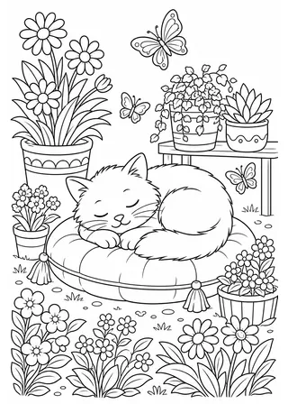 sleepy cat garden coloring page - black and white printable line art