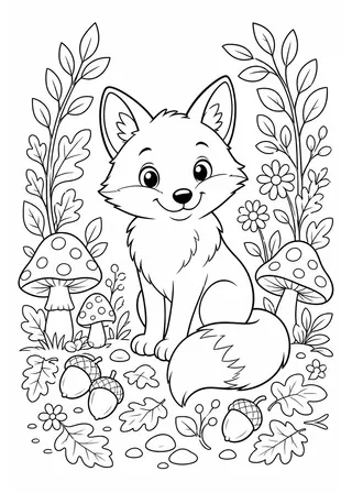 woodland fox coloring page - black and white printable line art